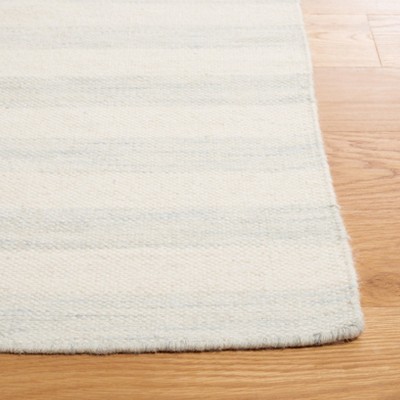 Ivory and Light Blue Wool Flatweave Runner Rug