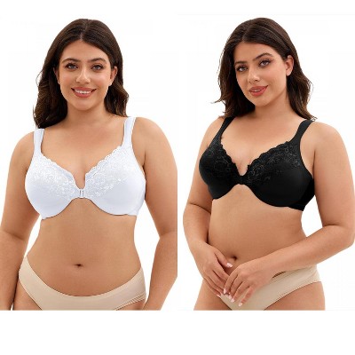 INSPIRE CHIC 2 Pcs Women's Front Closure Lace Trim Underwire Adjustable Straps Plunge Bras
