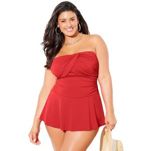 Swimsuits for All Women's Ruched Skirted Bandeau Swimdress (Plus Sizes Available) - 1 of 4