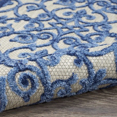 Aloha Contemporary Scroll 5'3" Round Blue/Grey Outdoor Rug