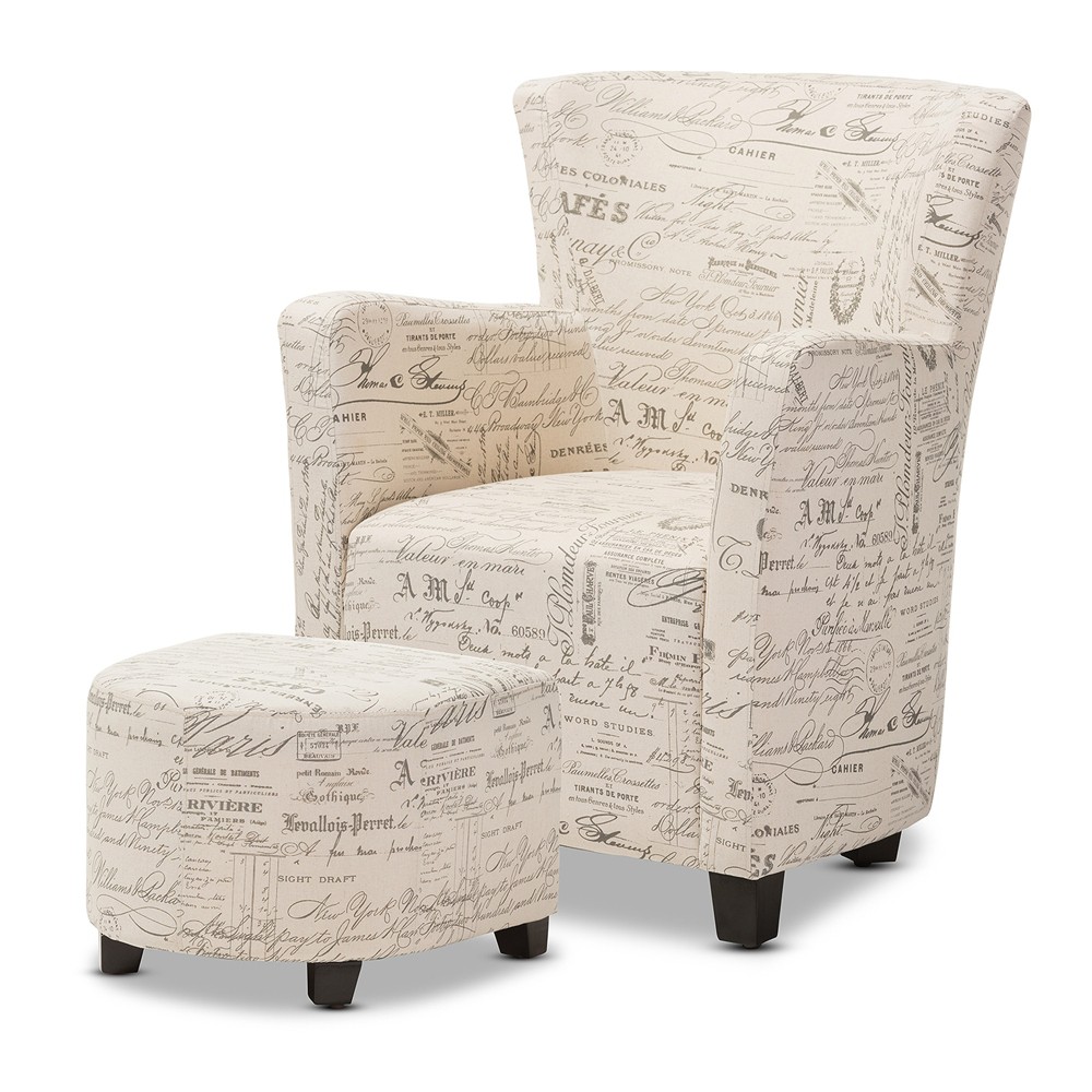 Photos - Chair Benson French Script Patterned Fabric Club  and Ottoman Set - Beige 