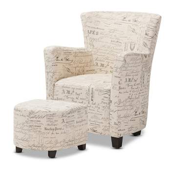 Benson French Script Patterned Fabric Club Chair and Ottoman Set - Beige - Baxton Studio