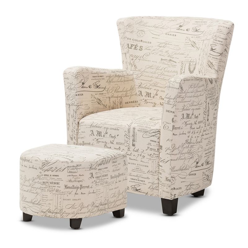 Benson French Script Patterned Fabric Club Chair and Ottoman Set - Beige - Baxton Studio, 1 of 8