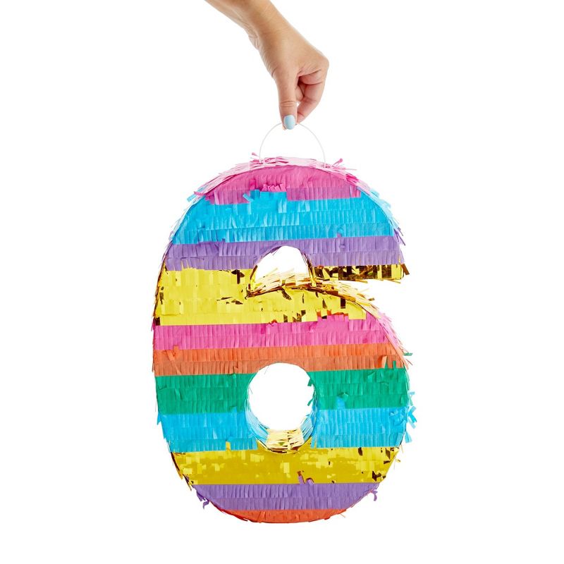 Blue Panda Striped Number 6 Rainbow Pinata for Kids 6-Year-Old Birthday Party Decorations and Supplies, Fiesta, Anniversary, Small, 11.3x16.5x3 In, 3 of 9