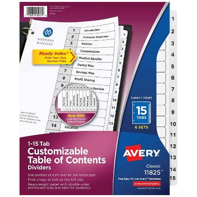 Avery Pre-Printed 15-Tab Numeric Dividers Customizable 11825