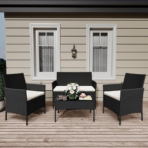 4-Piece All-Weather Patio Set - UV-Resistant PE Rattan & Rust-Proof Iron, Ergonomic Chairs, Tempered Glass Table for Indoor/Outdoor - 1 of 4