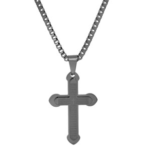 Steeltime 24" Men's black ip stainless steel Lord's prayer double cross pendant - 1 of 4