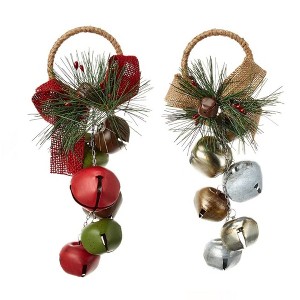 Kurt Adler Metal Grapes Jingle Bell Door Hangers with Burlap Bows & Greens, 8" Assorted (Set of 2) - 1 of 4