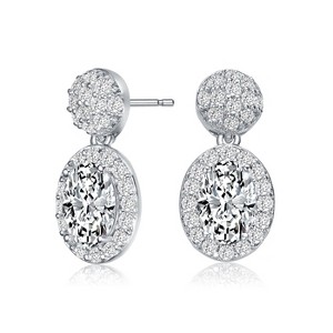 Guili Sterling Silver Rhodium Plated Clear Oval and Round Cubic Zirconia Halo with Cluster Post Drop Earrings, a Sophisticated Classic Style - 1 of 3