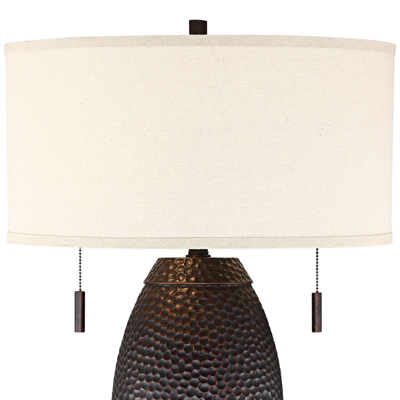 Franklin Iron Works Noah Rustic Farmhouse Table Lamp with Riser 35 1/4" Tall Hammered Bronze 2 Light Oatmeal Drum Shade for Bedroom Living Room Office, 3 of 7