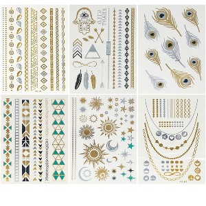 Wrapables Celebrity Inspired Temporary Tattoos in Metallic Gold Silver and Black (6 Sheets), Large - 1 of 4