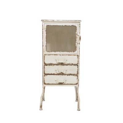 Distressed White Metal Cabinet with 3 Drawers and Open Shelf