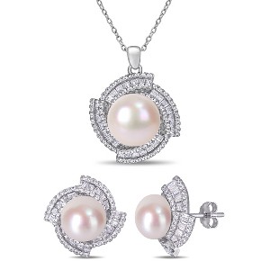 EVERLY JEWELRY | Sterling Silver 9.5-12.5 MM Cultured Freshwater Pearl 3 3/4 Cubic Zirconia Geometric Halo Necklace and Stud Earring Set - 1 of 4