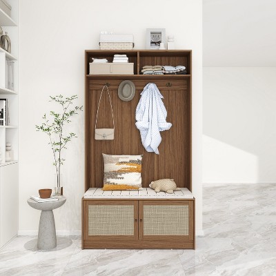 3-In-1 Hall Tree with Shoe Storage, Standing Coat Rack with Shoe Bench, Entryway Organizer with 4 Hooks, Brown