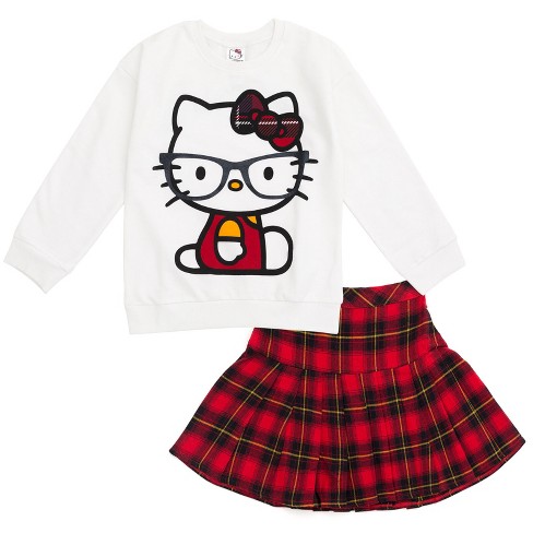 Hello Kitty Toddler Girls Fleece Sweatshirt and Skirt Plaid White / Red 3T