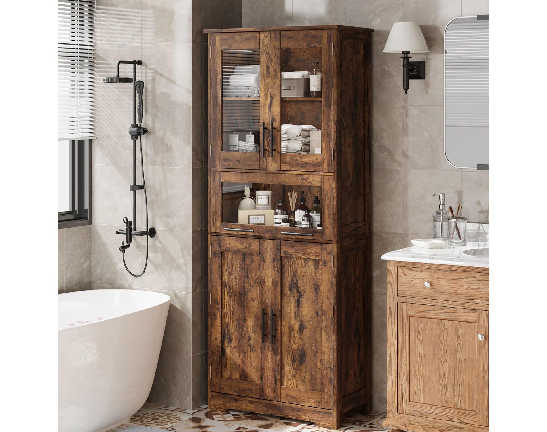 Pantry Cabinet, Tall Bathroom Storage Cabinet with Glass Doors and Adjustable Shelf, Freestanding Cupboard Tall Linen Cabinets for Kitchen, White