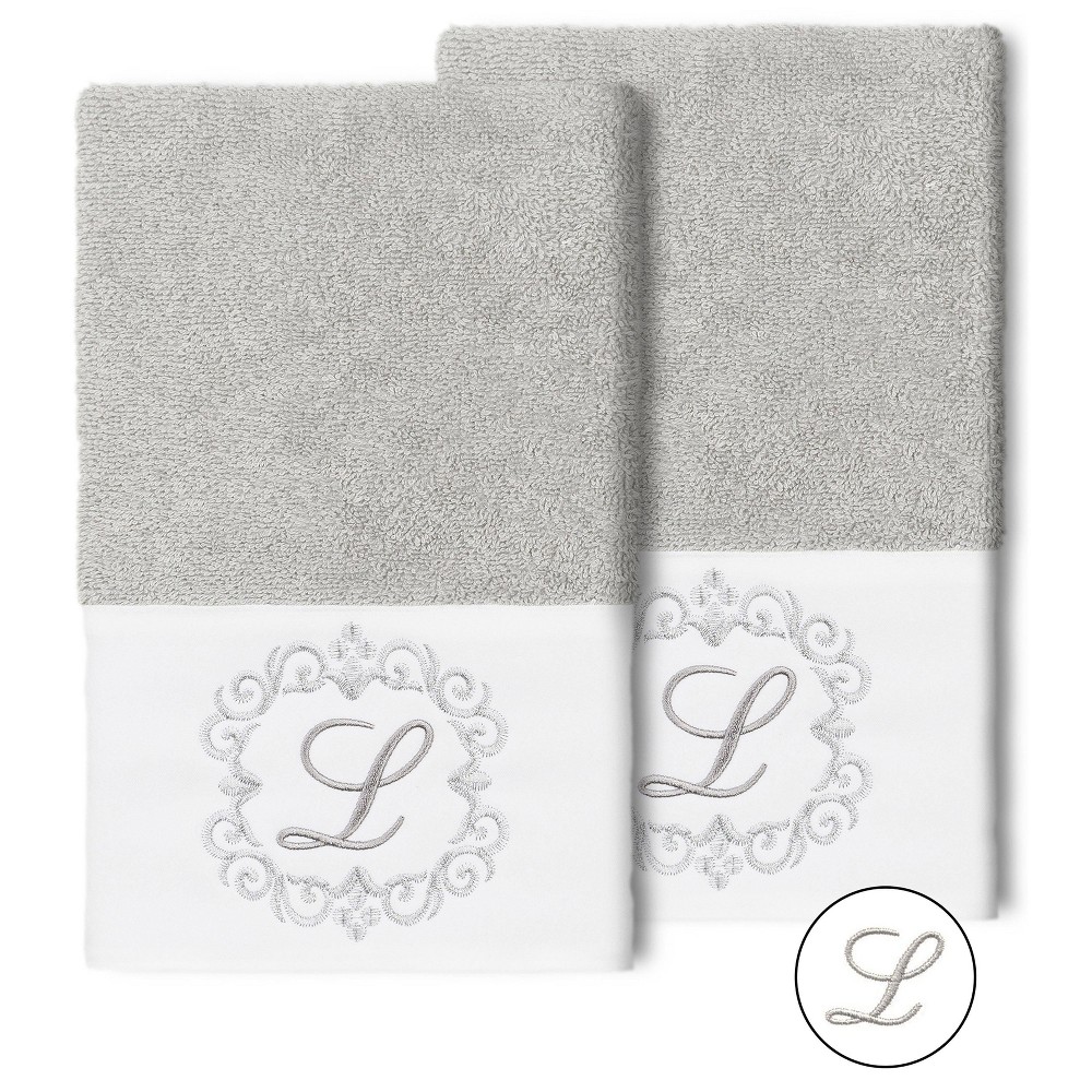 Photos - Towel Set of 2 Monogrammed Hand  Light Gray/L - Linum Home Textiles