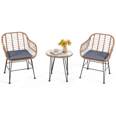 Tangkula 3PCS Patio Rattan Furniture Set with Round Tempered Glass Top Table & 2 Rattan Armchairs White/Turquoise/Red/Black/Gray/Navy