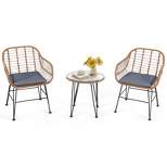 Tangkula 3PCS Patio Rattan Furniture Set with Round Tempered Glass Top Table & 2 Rattan Armchairs White/Turquoise/Red