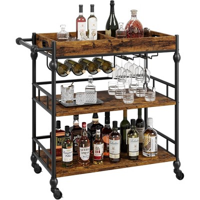 3-Tier Rolling Bar Carts with Wine Rack and Glass Holder, Mobile Serving Cart for Kitchen