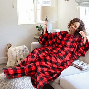 Catalonia Adult Wearable Fleece Blanket Snuggie with Foot Pockets, Super Soft Micro Plush Wrap Blanket Long Robe Loungewear, Cozy Gift for Woman Man - 1 of 4