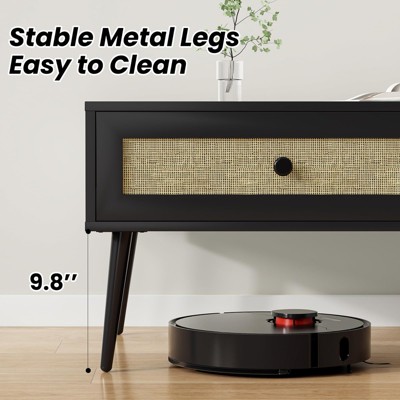 Lirago,Mid-Century Modern Wooden 2-Tier Coffee Table with Rattan Drawer - Compact Storage Solution for Living Room-Black