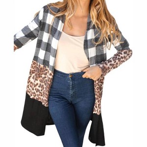 Women's BRUSHED HACCI PLAID LEOPARD COLOR BLOCK CARDIGAN - Haptics - 1 of 4