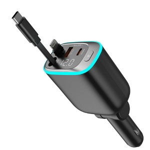 Itopfox Retractable Car Charger with 90W Fast Charging, 4-in-1 USB C & USB A Ports, Voltage Monitor, Gift for Men, Car Accessories - 1 of 4