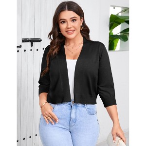 Womens Plus Size 3/4 Sleeve Cropped Cardigan Shrug Lightweight Open Front Knit Sweater - 1 of 4