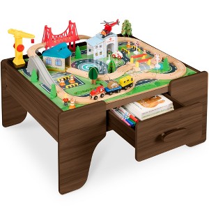 Wooden Train Set Table for Toddlers, 56pc Multi-Activity Table for Kids w/Toy Storage Drawer & Reversible Top - 1 of 4
