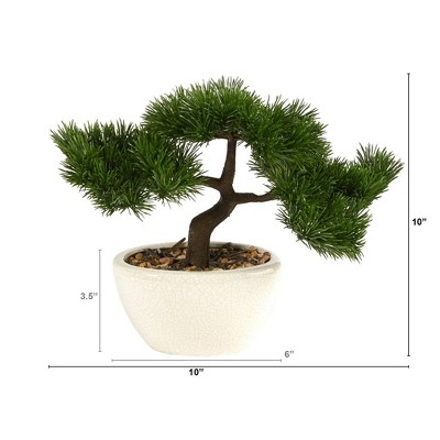 11" Green Plastic Cedar Bonsai Tree in White Planter