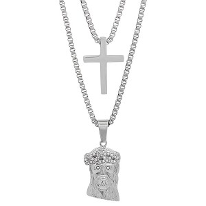 Steeltime Men's stainless steel double layered cross and jesus with simulated diamonds necklace. Color Options: Silver, Gold - 1 of 4