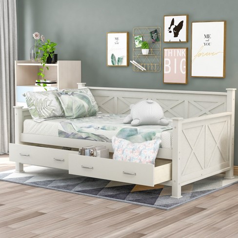 Twin Size Storage Daybed with Two Under-bed Drawers and X-shaped Frame, Modern and Rustic Casual Style Daybed, Gray/Cream White-ModernLuxe - image 1 of 4