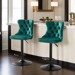 Leovsnove Swivel Bar Stools Set of 2, Upholstered Bar Stools with Nailheads Trim and Velvet Tufted Back, Adjustable Counter Height Bar Stools - 1 of 4