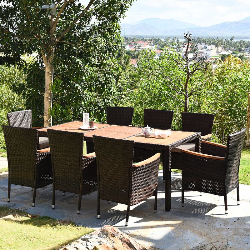Costway 9PCS Patio Rattan Dining Set  8 Chairs Cushioned Acacia Table Top, 5 of 11