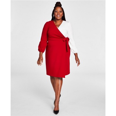 Kasper Womens Colorblocked Wrap Dress, Red, 2X