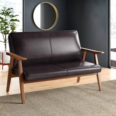 Black Faux Leather Mid-Century Modern Loveseat with Wood Frame