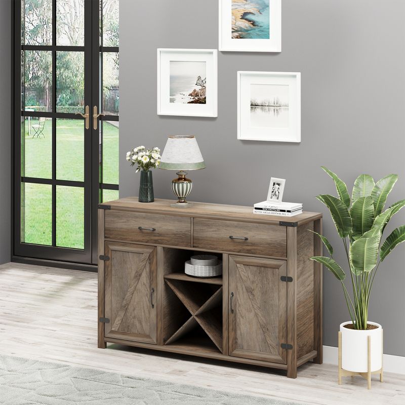HOMCOM Wooden Farmhouse Sideboard, Storage Buffet Cabinet with 2 Large Drawers, X-Shaped Wine Rack, and Cabinets, 3 of 9