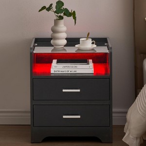 LED Night Stand with 2 Drawers, Smart End Side Table with LED Lights and Glass Top, Modern Bedside Table with Open Storage - 1 of 4