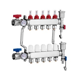 VEVOR 5-Branch Radiant Heat Manifold, 1/2" PEX Tubing Manifold, Stainless Steel PEX Manifold for Hydronic Radiant Floor Heating, Silver - 1 of 4