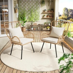 Patio Dining Chairs Set of 2/ 4, Outdoor Wicker Club Chair with Cushions, All Weather Wicker Armchairs, for Apartments, Porch, Lawn, Backyard,Brown - 1 of 4