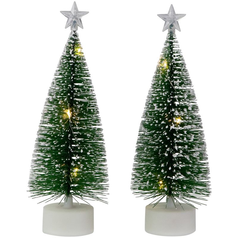 Northlight Set of 2 LED Pre-Lit Green Mini Bottle Brush Pine Christmas Village Trees, 1 of 7