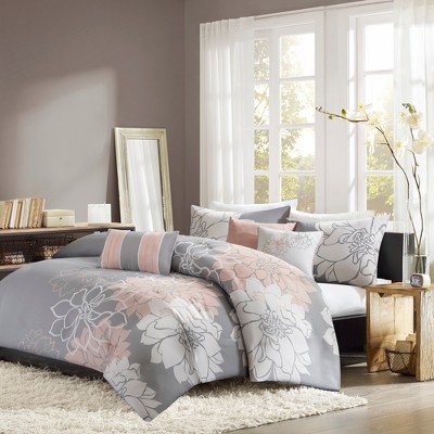 Gray/Purple Jasmine Watercolor Floral Duvet Cover Set Queen 6pc