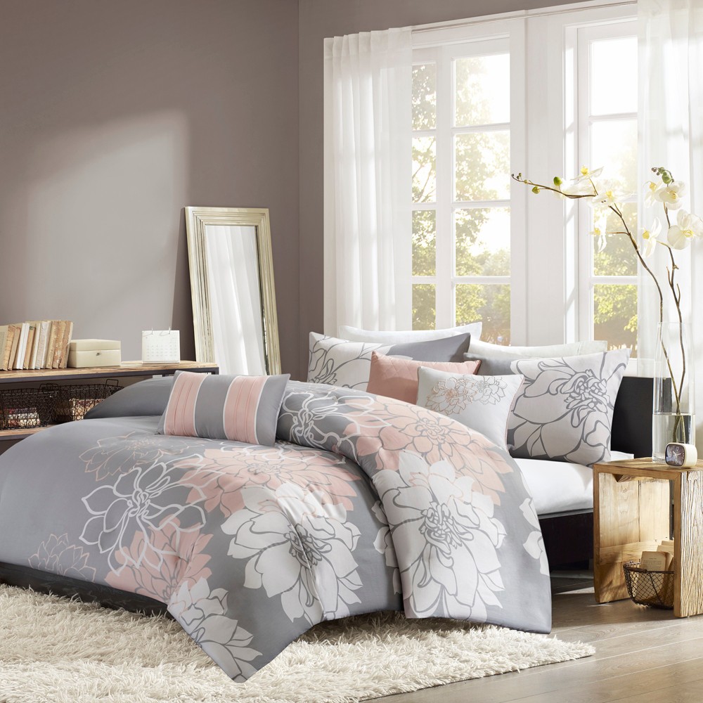 Photos - Bed Linen 6pc Queen Jane Floral Duvet Cover Set Gray/Blush - Madison Park
