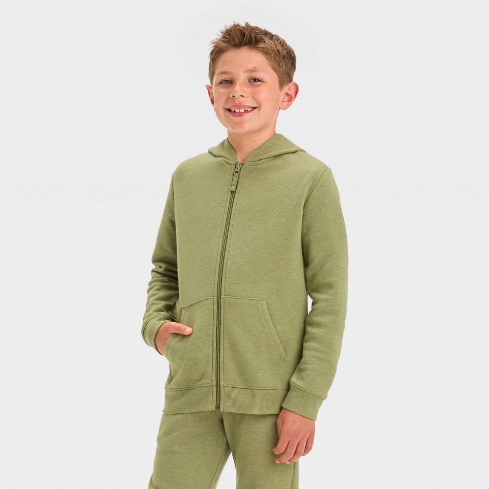 Boys' Fleece Zip-Up Sweatshirt - Cat & Jack™ Olive Green M: Heavyweight Casual with Kangaroo Pocket