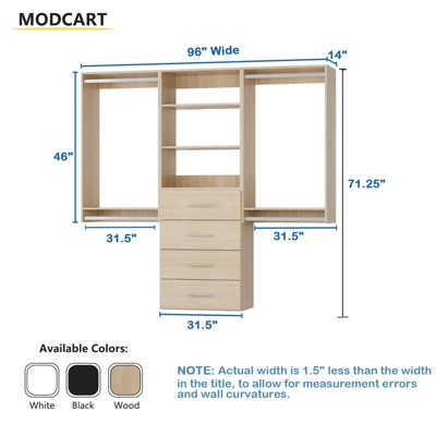 Closet System, Wide Closet Organizer System with Hanging and Drawers, Wood Tower Closet Storage for Walk In Closets