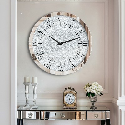 Sparkly Wall Clock Mirror Crushed Diamond Silver Crushed Crystal Filled 24x24 in