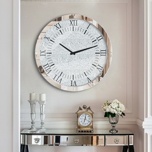 Sparkly Wall Clock Mirror Crushed Diamond Silver Crushed Crystal Filled 24x24 in - 1 of 4