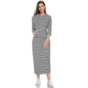 Coolmee Women Hoodies Maxi Dress Casual 3/4 Sleeve Tunic Dress Slim Hooded Sweatshirts Dress with Pocket - 1 of 4