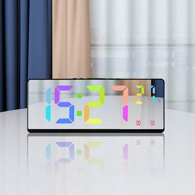 digital alarm clock with color display, electronic clock with rechargeable LED mirror, temperature date, bedroom dual alarm clock